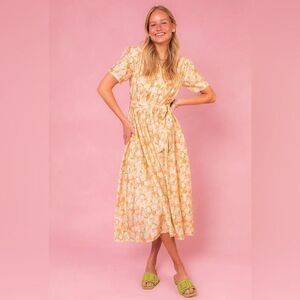 Ivy City Co faux wrap Lyra Midi Dress Yellow Floral Print Cottagecore size 2